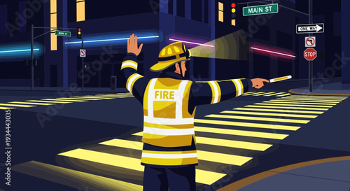 Firefighter directing traffic at a busy intersection at night.