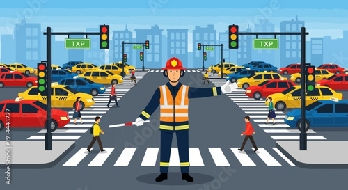 Firefighter directing traffic in busy city intersection.