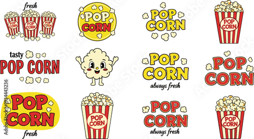Large collection of vintage retro popcorn stickers and mascot characters in hand drawn cartoon style for cinema snacks and movie theater branding