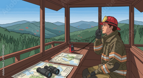 Firefighter in Lookout Tower Communicating on Radio.