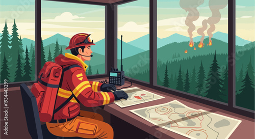 Firefighter in observation tower monitoring wildfire.