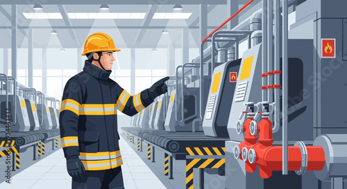 Firefighter in protective gear inspects industrial machinery.