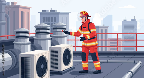 Firefighter in Protective Gear Inspecting Rooftop Equipment.