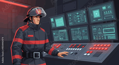 Firefighter in protective gear operating control panel.