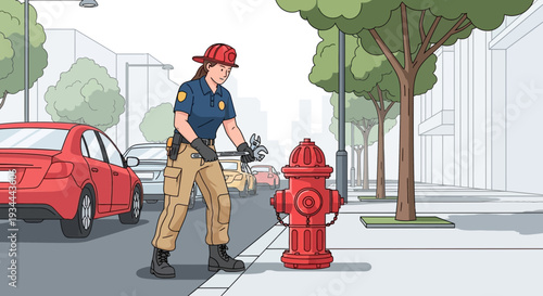 Firefighter Inspecting Red Hydrant on City Street.