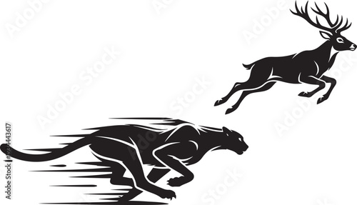A dynamic black and white illustration of a leaping deer and running panther