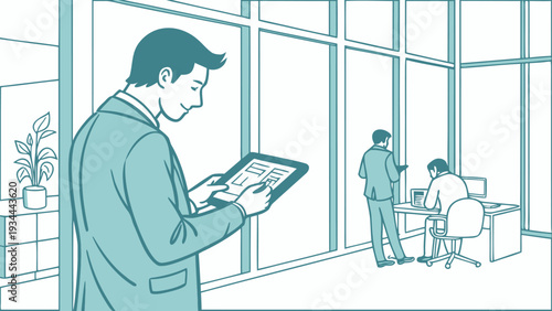 Businessman using tablet in modern office with minimalist decor in blue tone line art for corporate illustration