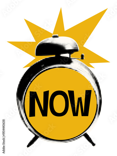 Halftone alarm clock with bright yellow burst and bold Now text. Concept of urgency, deadline, time management, flash sale, immediate action. Modern retro vector illustration for collage and scrapbook