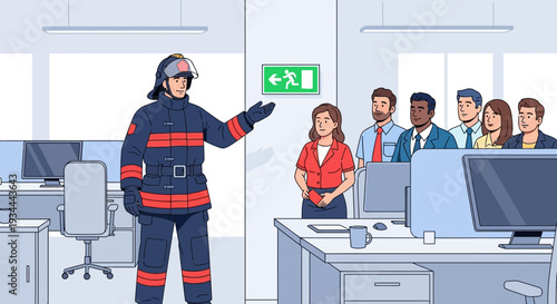 Firefighter instructing office workers on emergency evacuation procedures.