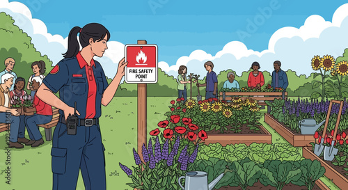 Firefighter Inspects Fire Safety Sign in Community Garden.