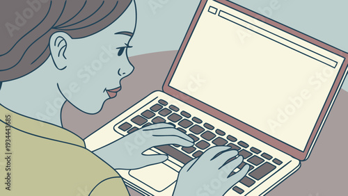 Woman using laptop in modern minimalist style with soft blue lighting on digital illustration for online education