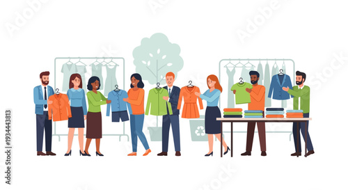 Sustainable Fashion: Diverse Group Participating in Clothing Swap, Second-Hand Shopping & Textile Recycling