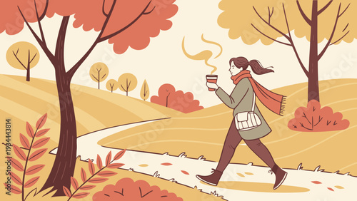 Woman walking in autumn park with coffee in warm cozy lighting on winding path for lifestyle blog