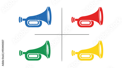 Four colorful trumpets arranged in a balanced composition.