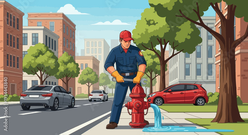 Firefighter operating a red fire hydrant on a city street.