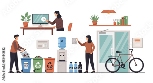 Sustainable Office Practices: Employees Recycling, Saving Energy, and Embracing Eco-Friendly Habits in a Modern Green Workplace