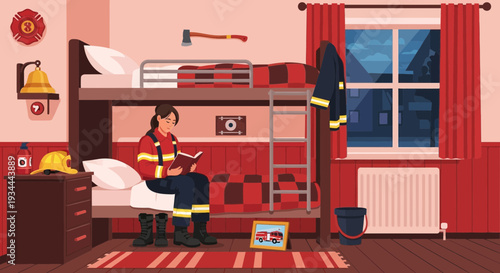 Firefighter resting in bunk room reading a book.
