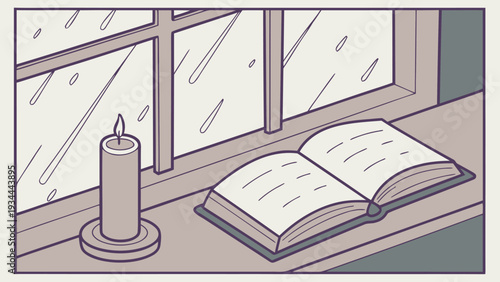 Candle and open book on windowsill in soft monochromatic illustration with pastel colors for relaxation