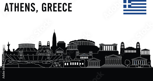 Athens Greece Skyline Silhouette Ancient and Modern Architecture with Greek Flag Keywords: Athens, Greece, skyline, silhouette