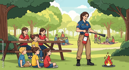 Firefighter teaching children about fire safety outdoors.