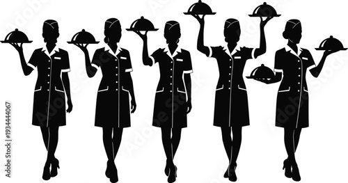 Elegant Waitress Silhouette Set with Serving Tray and Restaurant Uniform Black Vector Illustration Collection