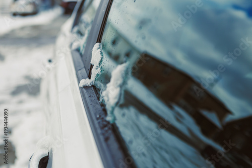 фотографія Snow covers the edge of a car window near a roadside on a cold day, showing clea