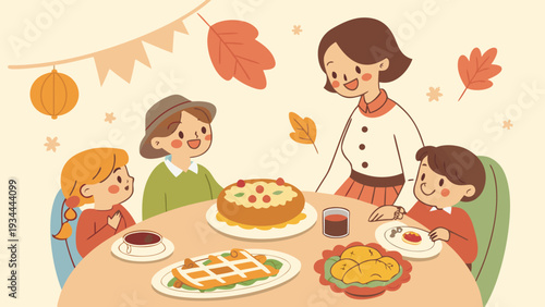 Family Thanksgiving Dinner in Cozy Warm Lighting with Cartoon Style Illustration for Seasonal Greeting Cards