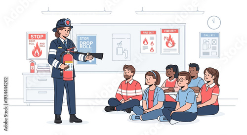 Firefighter teaching children about fire safety.