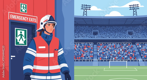 Firefighter standing near emergency exit at stadium.