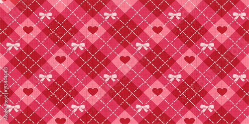 A seamless vector illustration featuring a red and pink abstract background with stars, hearts, and grunge textures for a romantic Valentine's Day wallpaper design