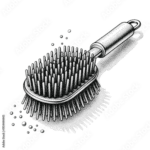 Detailed stipple illustration of a cleaning brush with bubbles on a white background