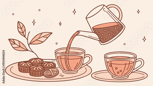 Tea being poured from jug into cup with cookies on plate in minimalist illustration style with warm sepia tone for wellness branding