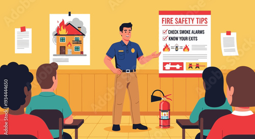 Firefighter teaching fire safety tips to a group of people.