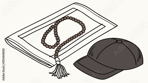 Islamic Prayer Beads and Cap in Simple Line Art with Monochromatic Color on White Background for Religious Symbolism