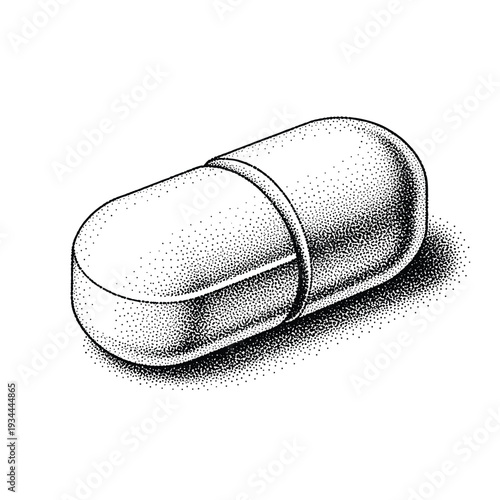 Minimalist stippled illustration of a single white capsule or pill on a white background