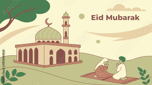 Eid Mubarak Mosque Scene with Crescent Moon and Worshipers in Serene Flat Illustration Style for Islamic Greeting Cards