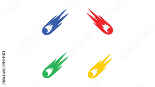 Colorful stylized representations of comets with glowing tails in four distinct colors