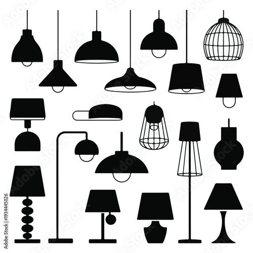 A collection of various lamp designs and lighting fixtures illustrated in black silhouettes against a plain background, showcasing diverse styles and shapes