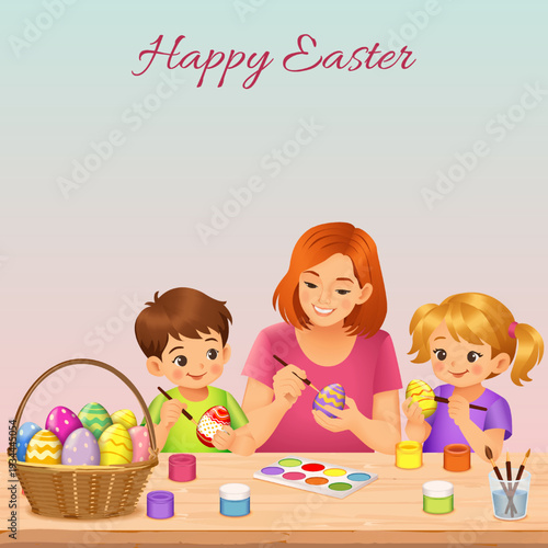 Easter square vector illustration with mother and children painting eggs at a table with an ornamented basket, festive spring scene with copy space.
