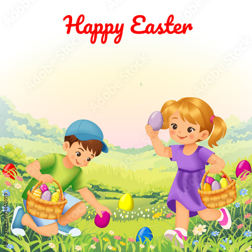 Happy Easter square vector illustration with a boy and girl on an egg hunt in a green meadow, festive spring scene with copy space.