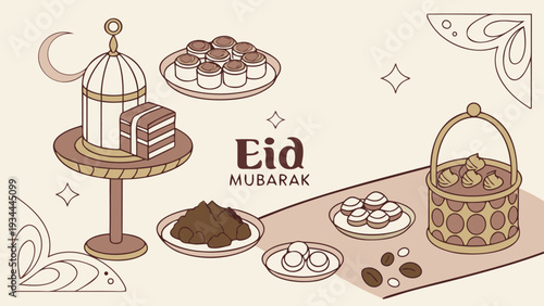 Eid Mubarak celebration with traditional desserts and decorations in warm golden lighting for cultural greeting card