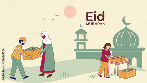 Eid Mubarak celebration with traditional clothing and charity boxes in warm golden lighting for cultural greeting card