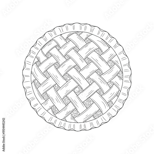 Top view line art illustration of a classic lattice top pie with a fluted crust