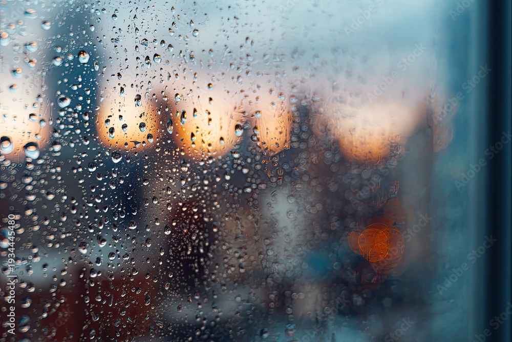 Obraz premium Raindrops on windowpane distorting blurred city lights at dusk