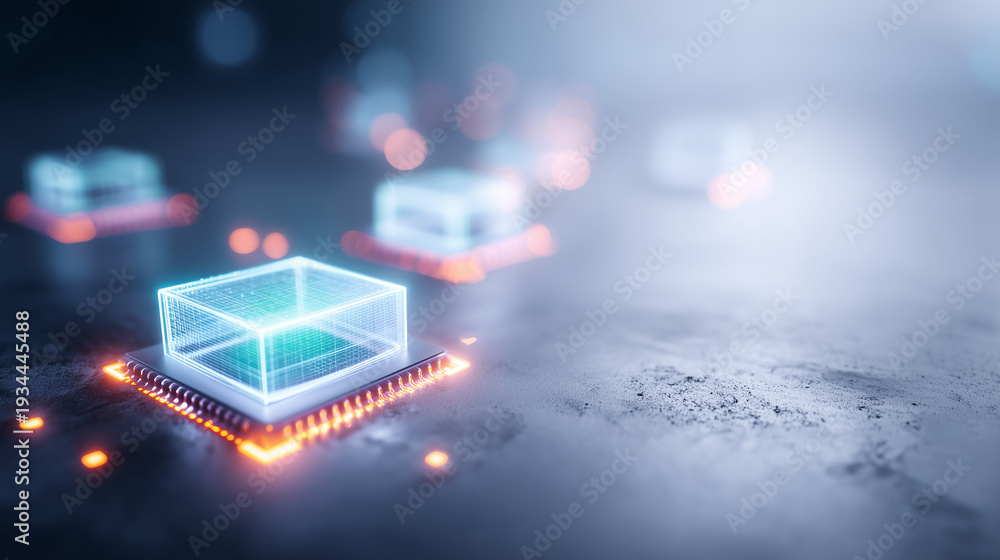 Fototapeta premium Glowing data cube on a microchip representing edge computing and secure digital infrastructure. 