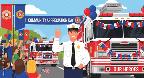 Firefighter Waving at Community Appreciation Day Parade.