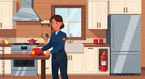 Firefighter woman in uniform holding fire extinguisher.