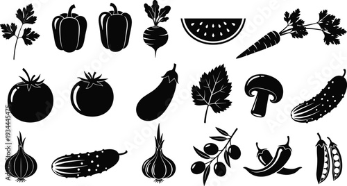 Vegetable and fruit silhouette icon set with tomato, pepper, eggplant, carrot and herbs isolated on white background for organic food and market design