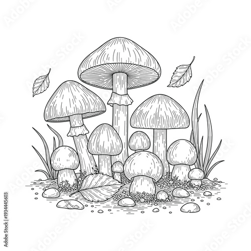 Detailed line art illustration of various mushrooms growing in the forest floor with leaves and grass
