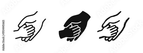 Adult Hand Holding Child's Hand Icon Set in Outline, Solid, and Sketchy Styles